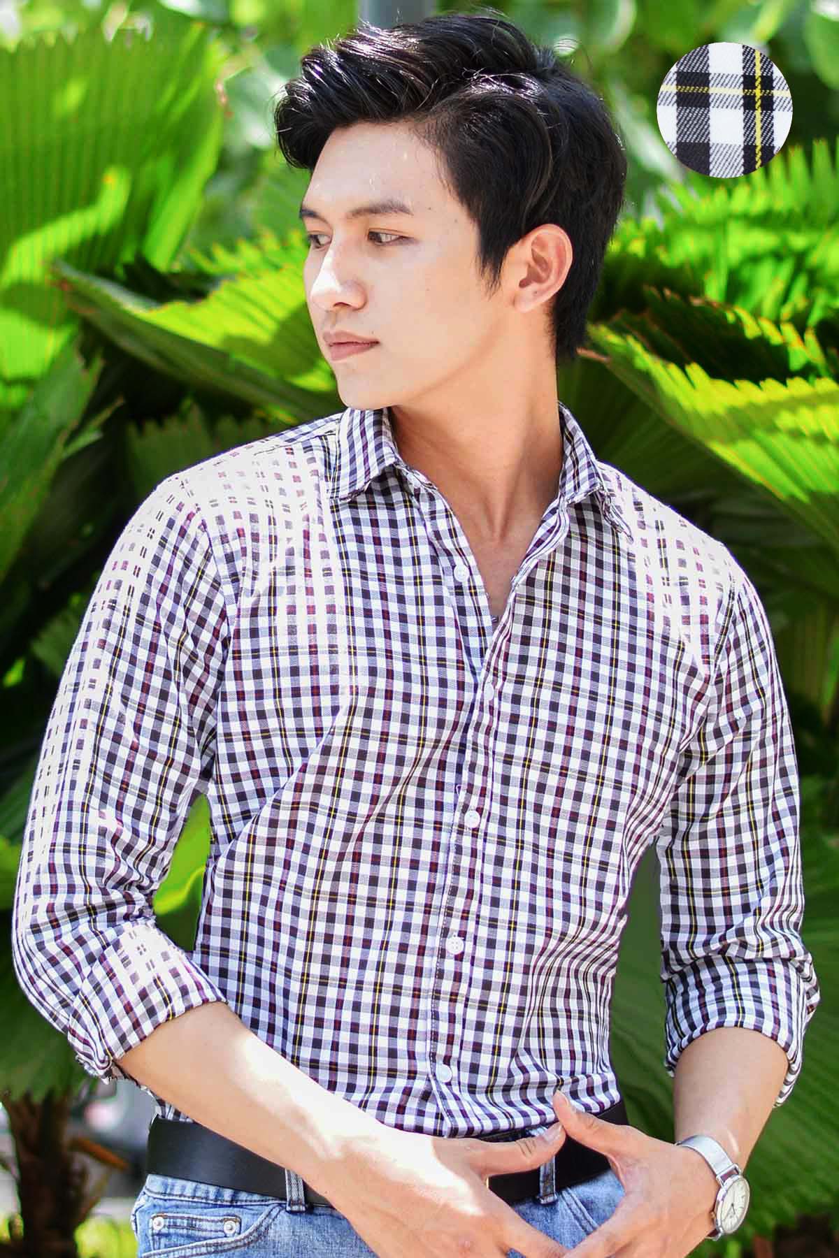 Sơ mi Premium sọc Đen Vàng Trắng, Premium Fabric Color Cross Hidden Button Down Shirt