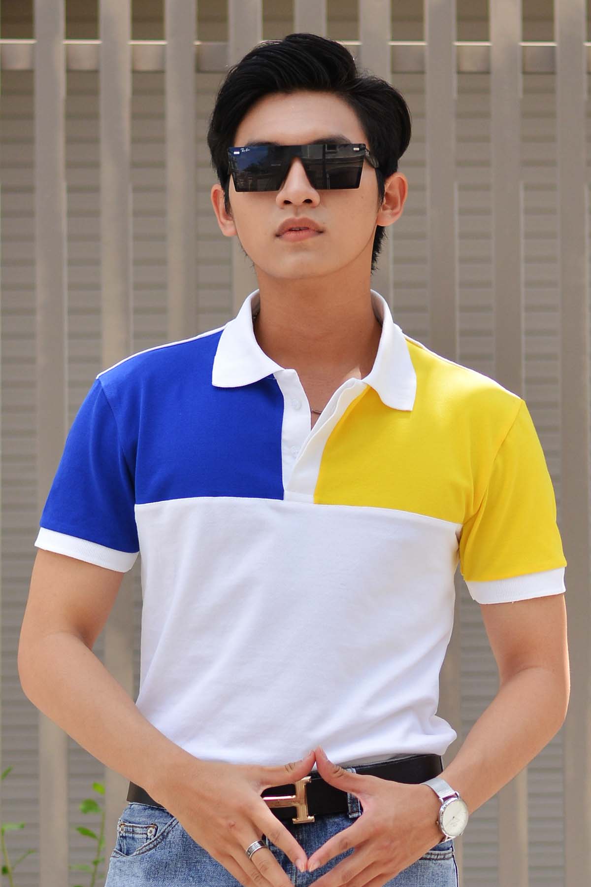 White Mixed Navy Blue Yellow Shoulder Polo