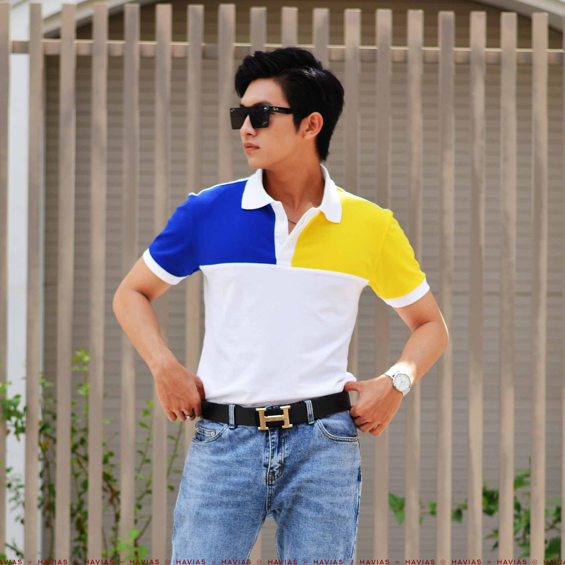 White Mixed Navy Blue Yellow Shoulder Polo