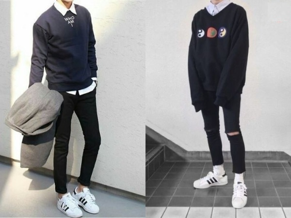 Phối giày Adidas với quần kaki và áo sweater