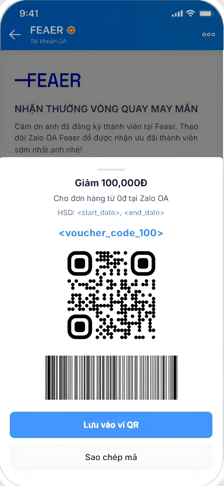 Sao chép mã và gửi Zalo OA FEAER