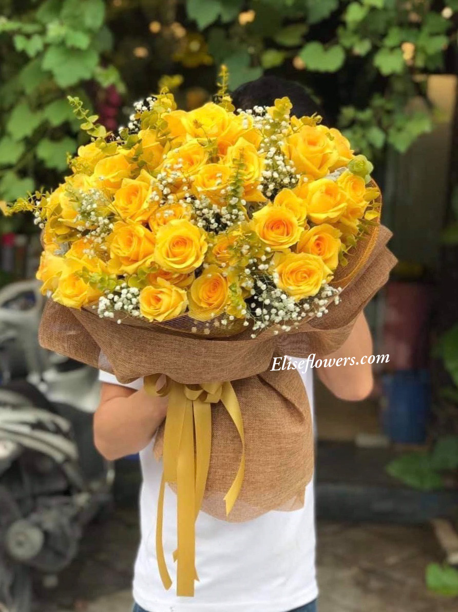 Bó Hoa Hồng Vàng Đẹp - Bó Hoa Hồng Vàng Nhập Bông Lớn -Bh77 | Elise Flowers|Shop Hoa Tươi Hà Nội