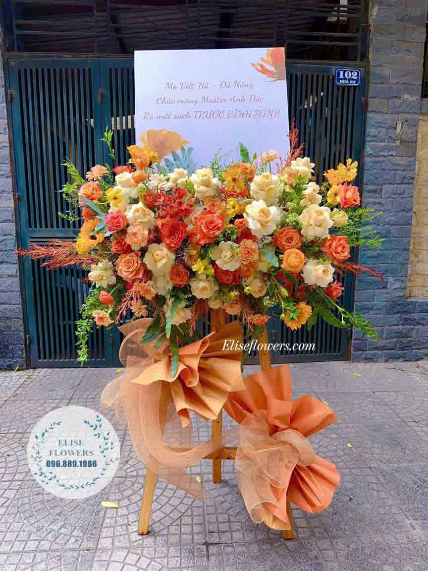 Bảng hoa khai trương/ Khung tranh hoa giá vẽ chúc mừng khai trương | Kệ bảng hoa khai trương màu cam tây sang trọng ở Hà Nội 