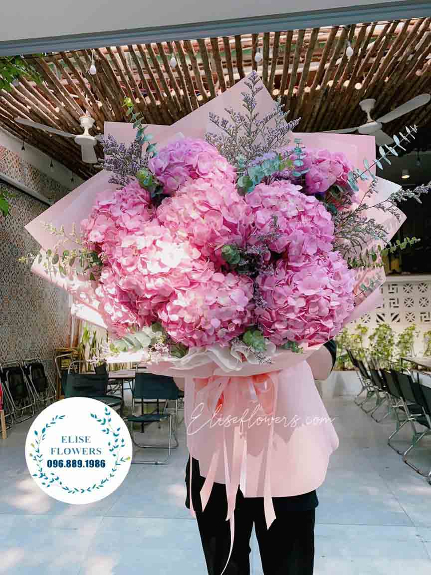 HOA BÓ ĐẸP Ở HÀ NỘI| Bó cẩm tú cầu hồng chúc mừng sinh nhật bà xã | Eliseflowers.com