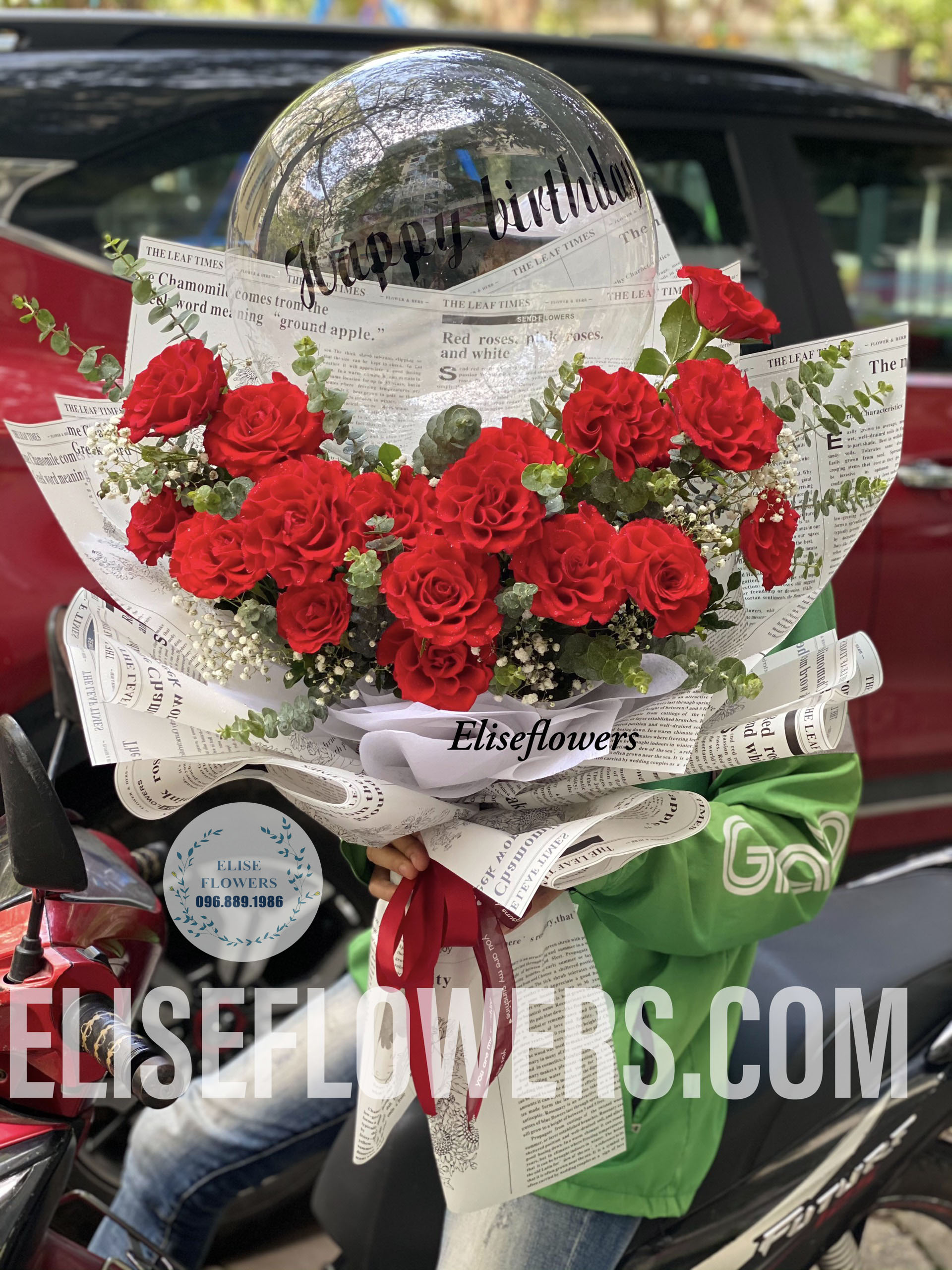 Bó hoa hồng đỏ bóng bay happybirthday - eliseflowers