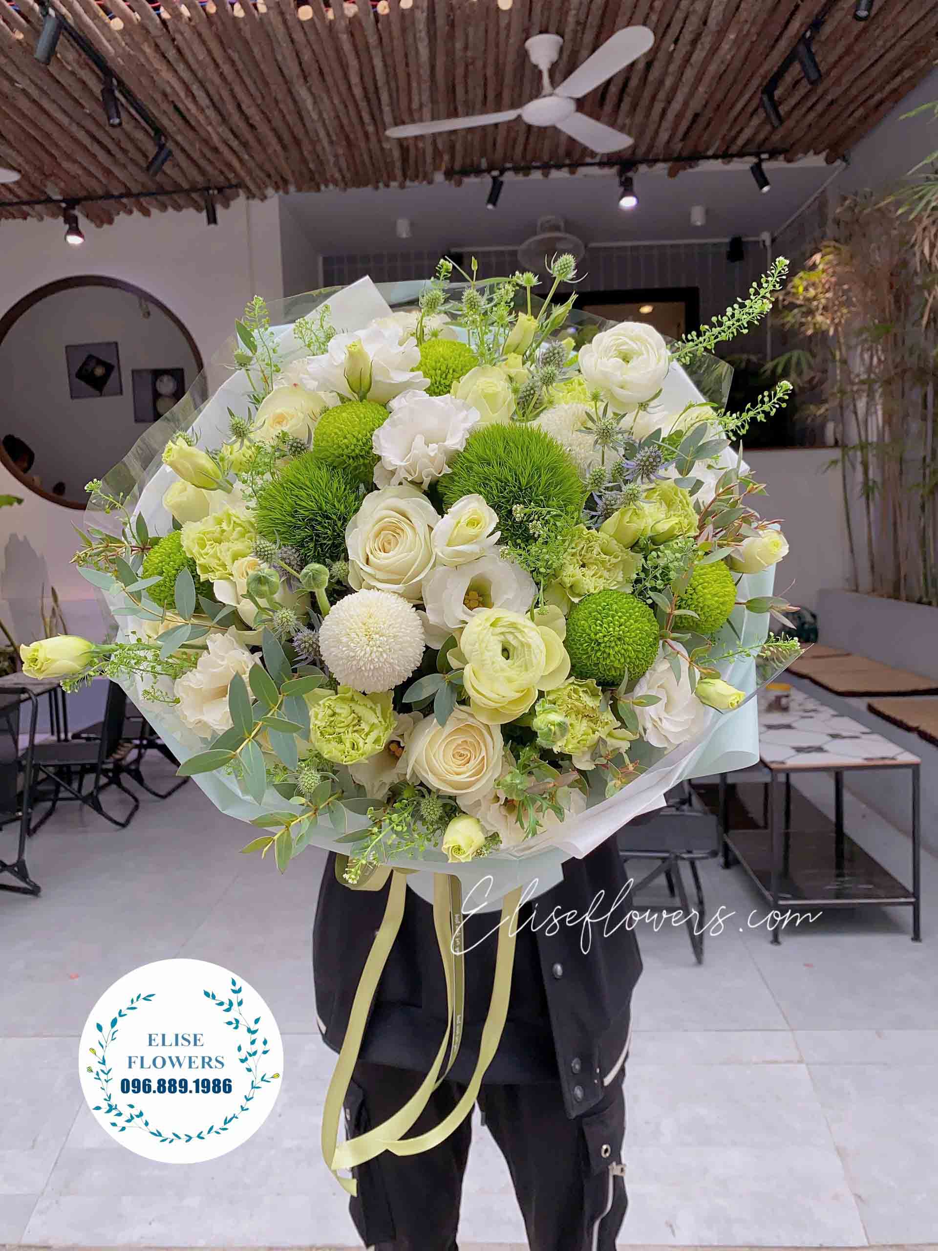 Bó hoa tròn màu xanh lá tươi mới | Bó hoa đẹp ở Hà Nội | Điện hoa uy tín tại Eliseflowers - shop hoa tươi Hà Nội