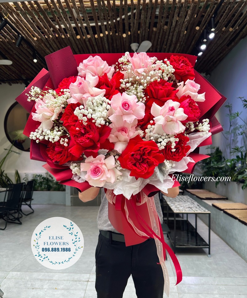 bó hoa hồng đỏ ohara mix hồng lạc thần tại Ellise Flowers | Điện hoa Hà Nội 24h | Shop hoa tươi Hà Nội 