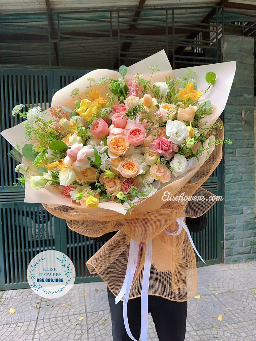 Bó hoa màu hồng cam đẹp nhất | Bó hoa tươi Hà Nội | Điện hoa bó tặng bạn gái đẹp 