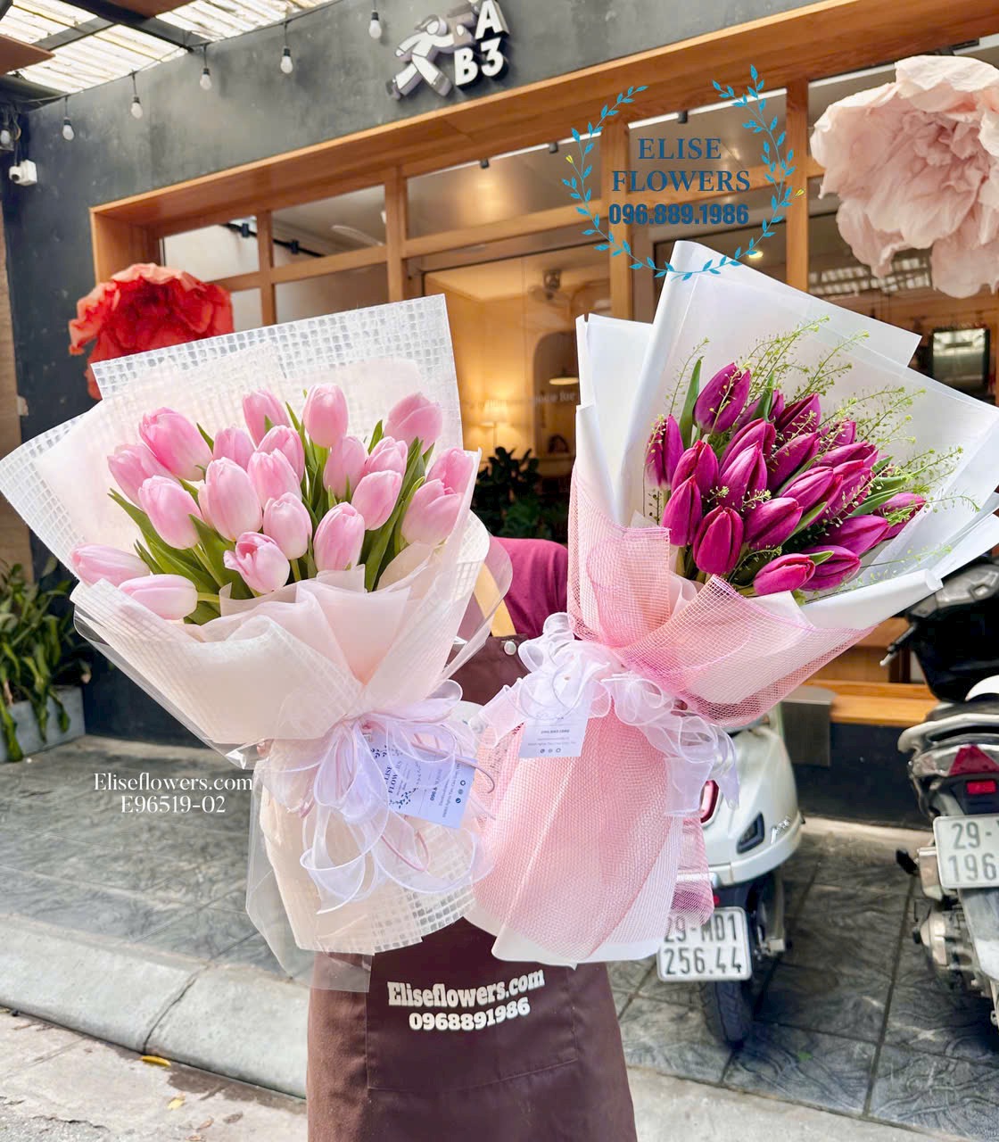 Bó hoa Tulip làm quen màu hồng, tím mộng mơ làm quen bạn gái. Địa chỉ mua hoa uy tín - Eliseflowers