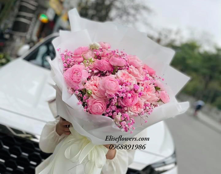 Bó hoa mao lương hồng mix hoa hồng ngoại