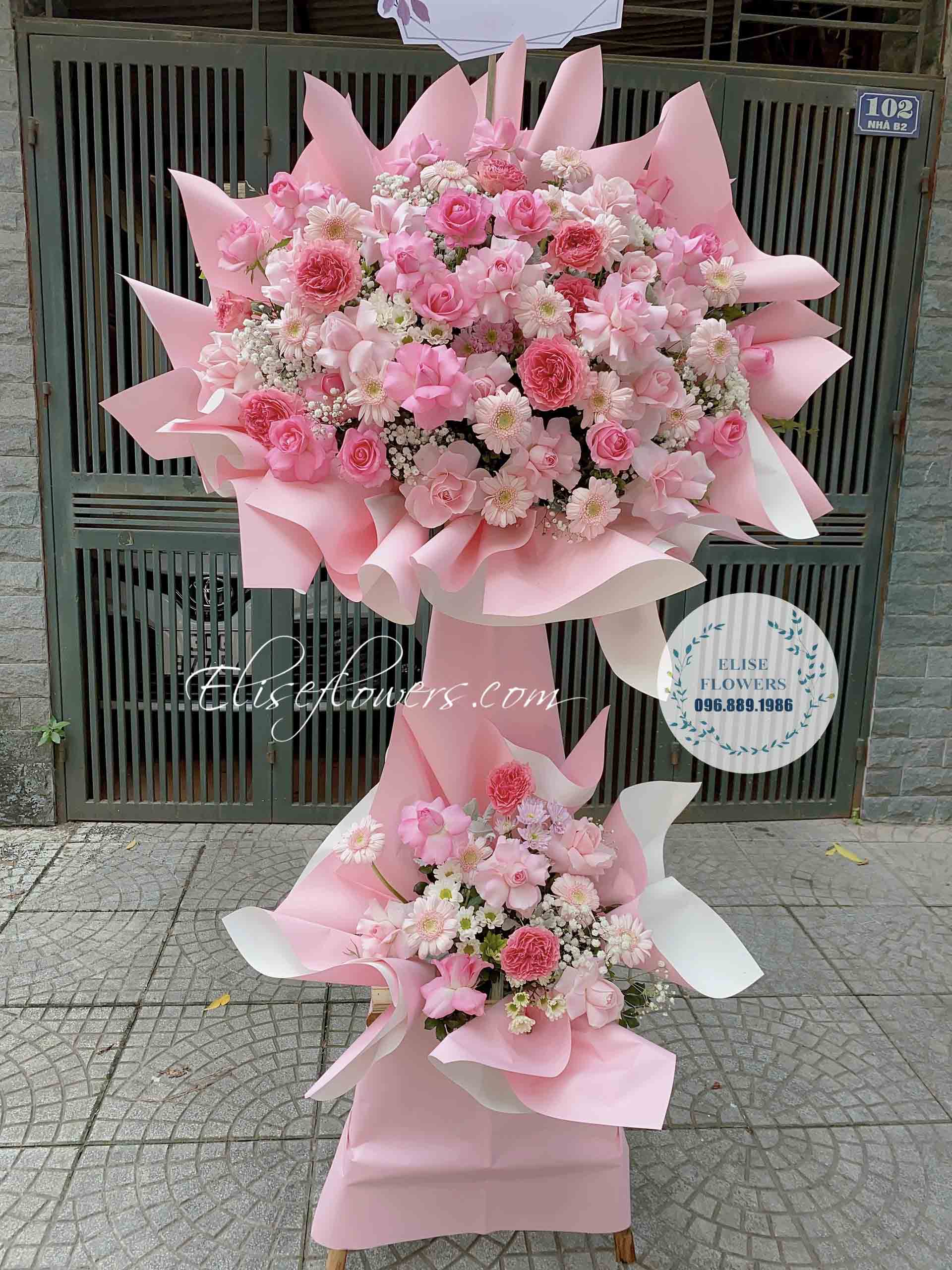 Kệ hoa khai trương màu hồng đẹp ngọt ngào | Điện hoa khai trương ở Hà Nội