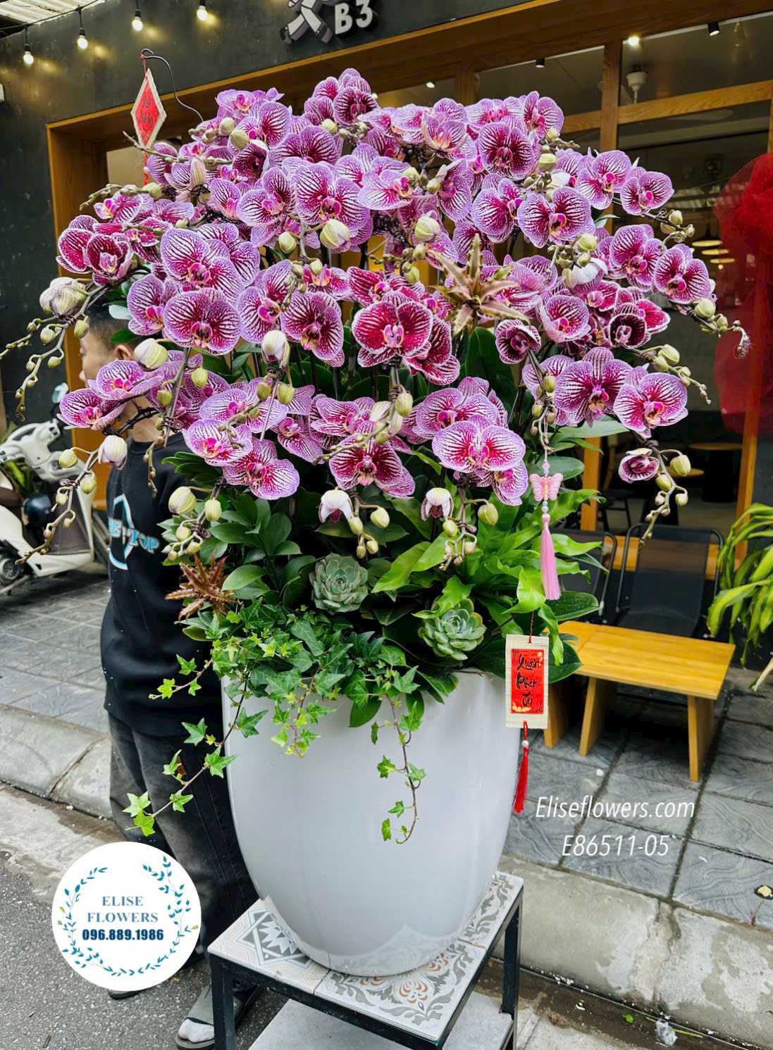 Hoa tặng Sếp nữ sang trọng ngày 8/3. Châu lan hồ điệp tím kẻ cao cấp tặng sếp. Điện hoa tươi Eliseflowers