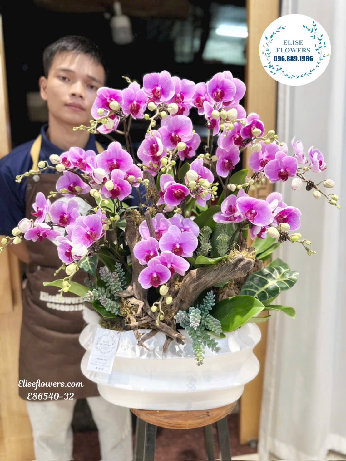 Đặt mua chậu lan ghép lũa nghệ thuật tím phong thuỷ. Điện hoa tươi Eliseflowers