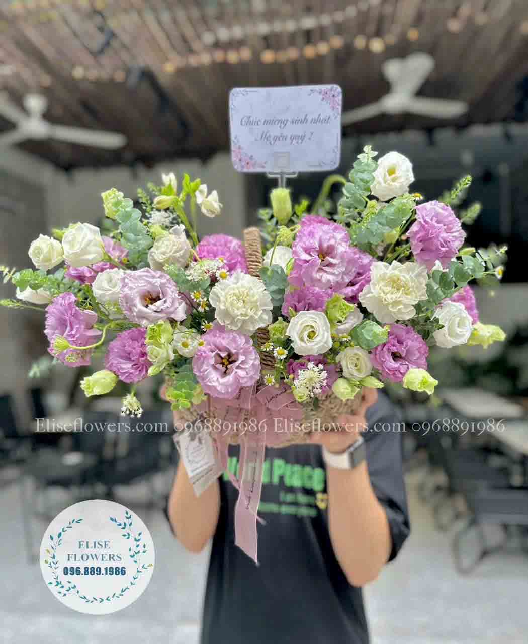 Giỏ hoa chúc mừng sinh nhật mẹ yêu màu tím trắng | Điện hoa sinh nhật MẸ YÊU