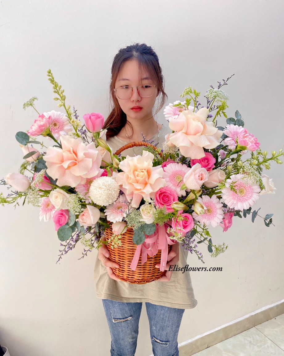 Giỏ hoa khai trương màu hồng | Hoa chúc mừng khai trương đẹp 