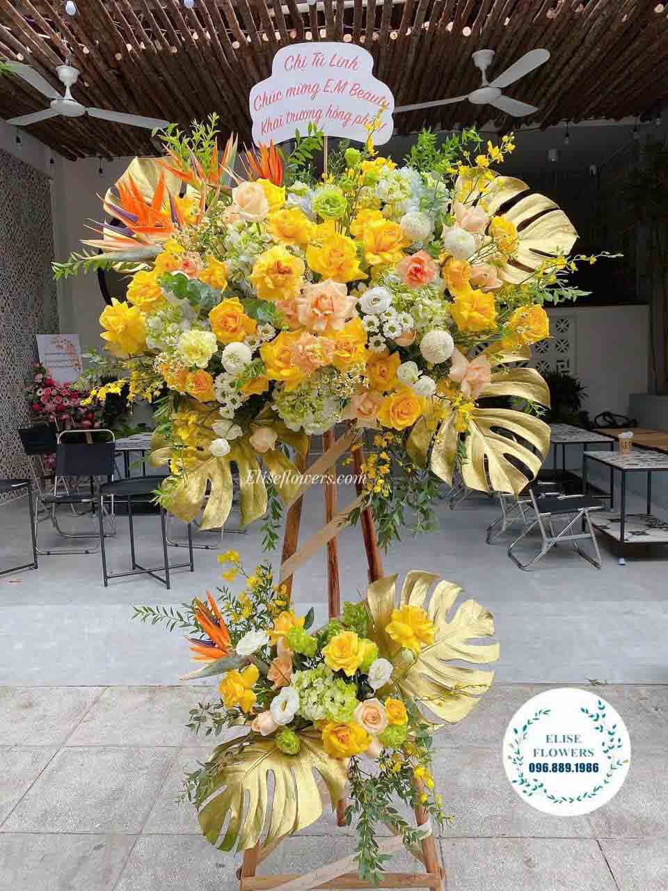 Kệ hoa chúc mừng khai trương màu vàng Đại Cát | Kệ hoa khai trương 2 tầng đẹp sang trọng ở HÀ NỘI