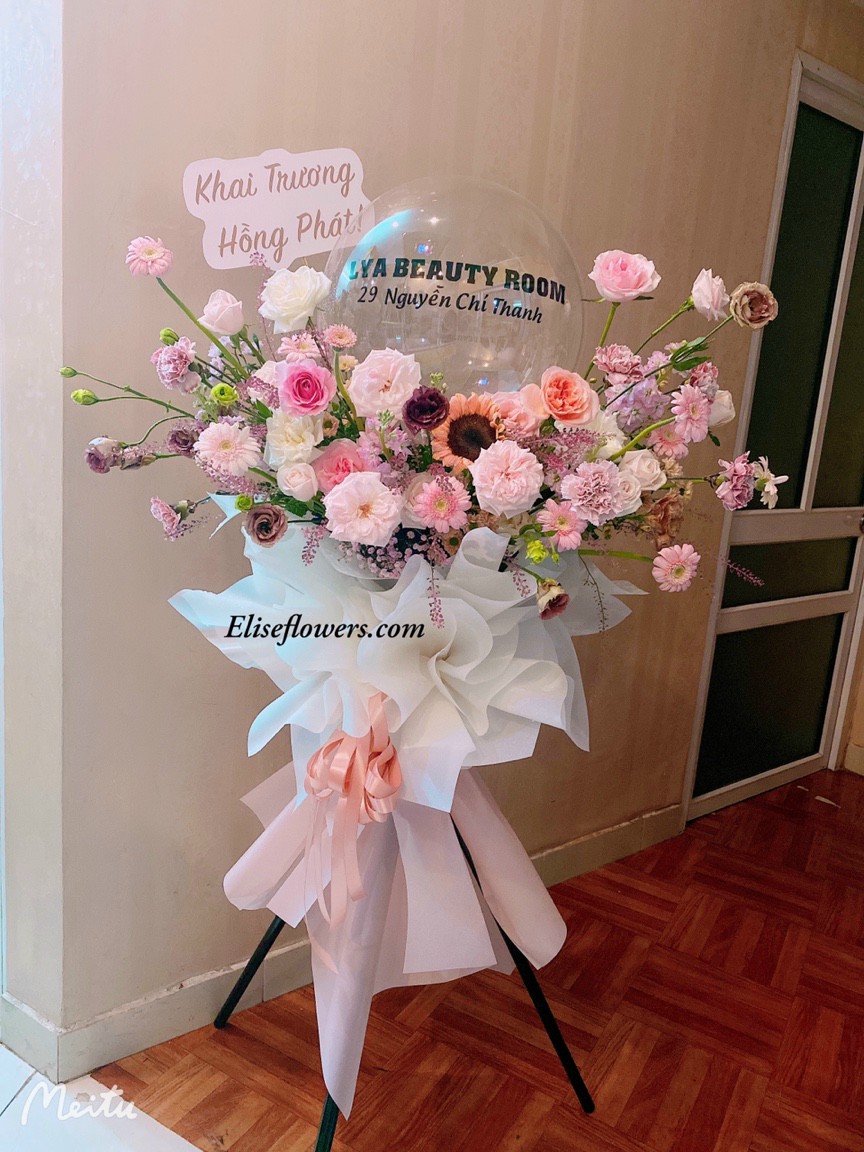 Kệ hoa bóng bay tone hồng chúc mừng khai trương. Điện hoa khai trương đẹp ở Hà Nội