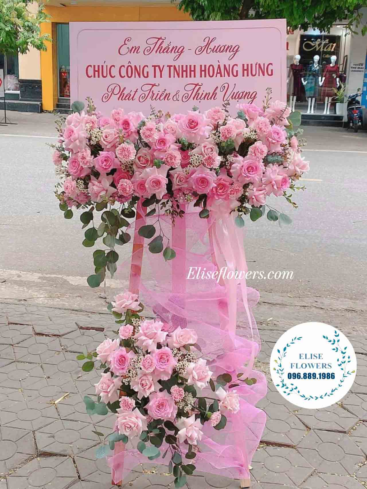 Kệ hoa chúc mừng khai trương màu hồng đẹp | Kệ hoa khai trương màu hồng sang trọng ở Cầu Giấy - Hà Nội