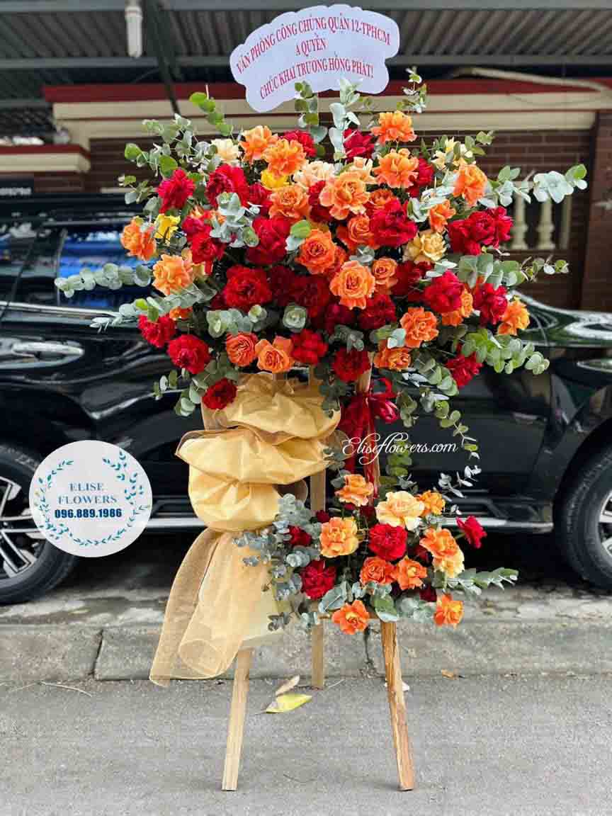 Lẵng hoa 2 tầng chúc mừng khai trương | Lẵng hoa màu đỏ quyền lực chúc mừng khai trương hồng phát lực