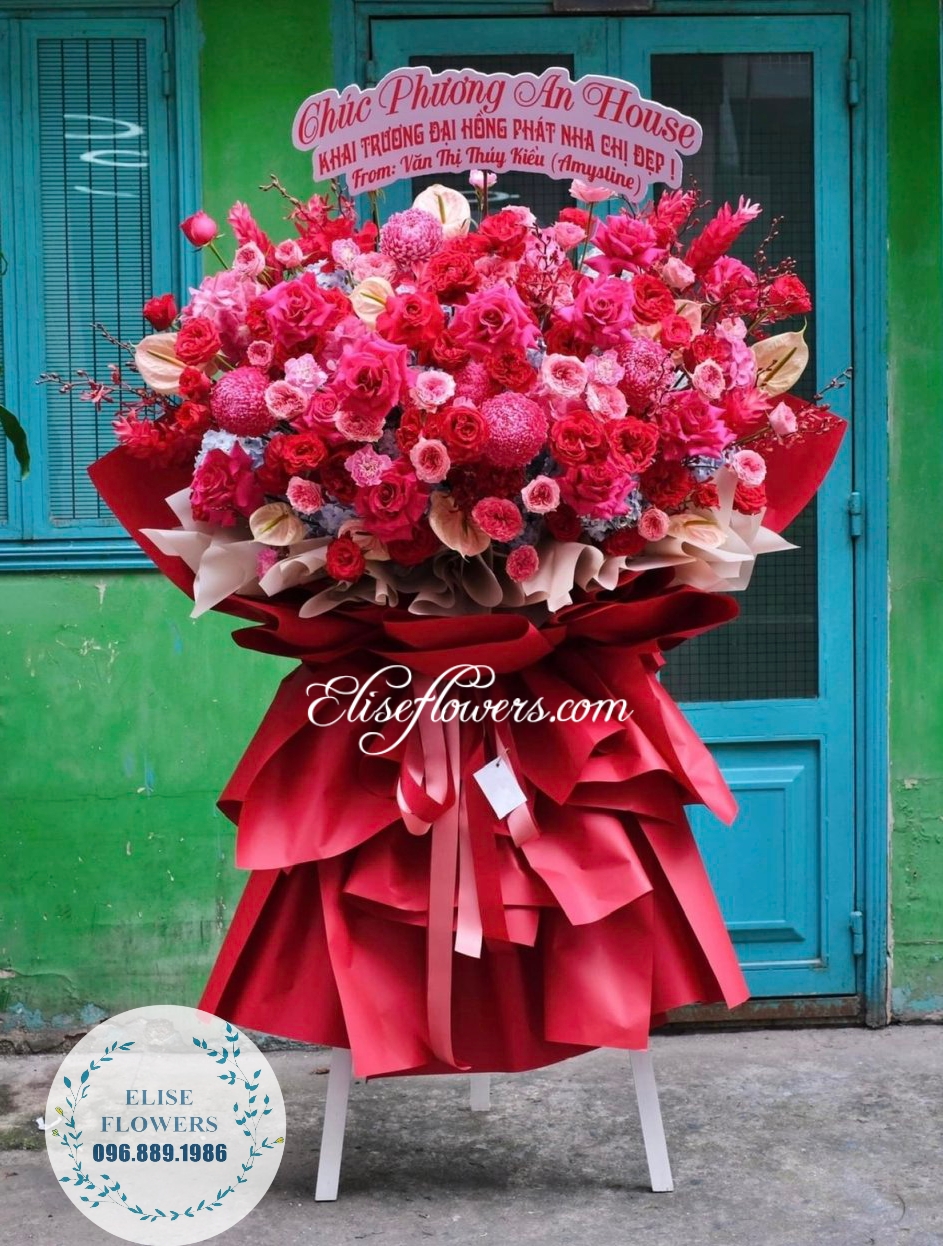 Kệ hoa chúc mừng khai trương hồng phát | Lẵng hoa màu đỏ rực rỡ tại quận Long Biên | Hoa chúc mừng khai trương