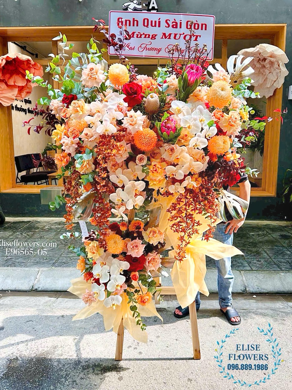 Kệ hoa tone cam sang trọng, đẳng cấp chuc mừng khai trương. Shop hoa Hà Nội - Eliseflowers