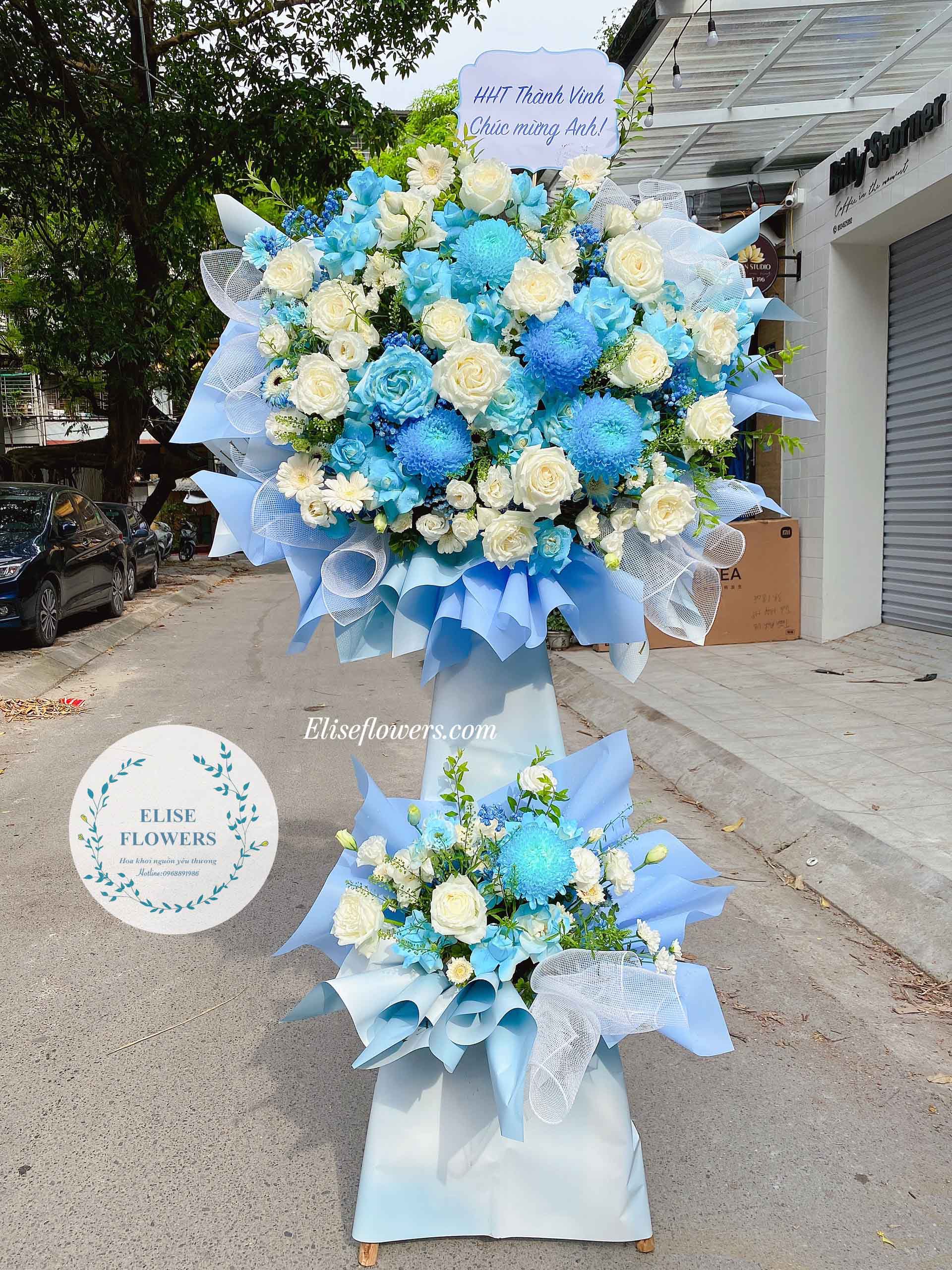 Lẵng hoa chúc mừng khai trương, mừng hội nghị, sinh nhật công ty màu xanh da trời - eliseflowers - shop hoa tươi quận cầu giấy hà nooij