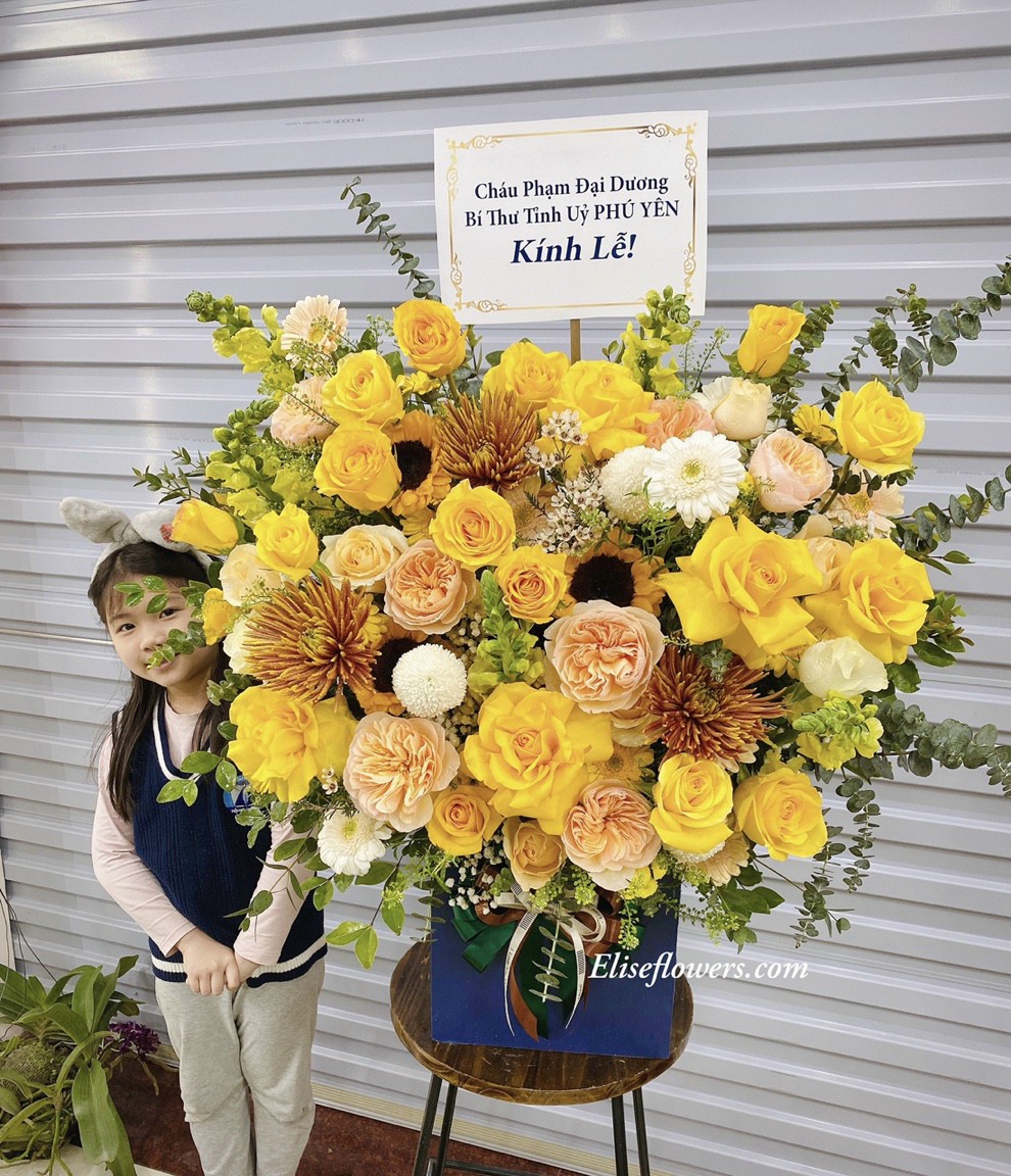 Lẵng hoa tone vàng chúc mừng khai trương. Hoa chúc mừng khai trương cao cấp ở HÀ NỘI