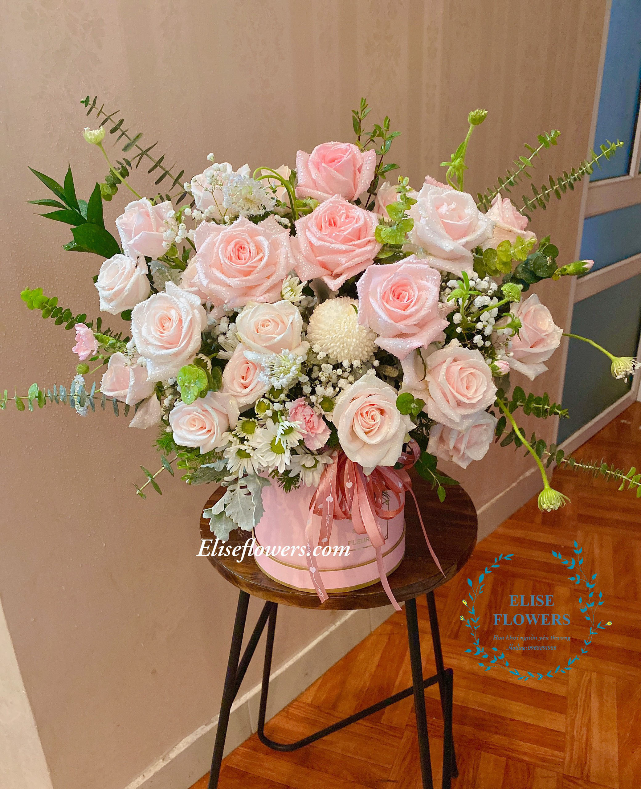 Lẵng hoa hồng màu hồng phấn - hoa tặng sinh nhật ở Hà Nội