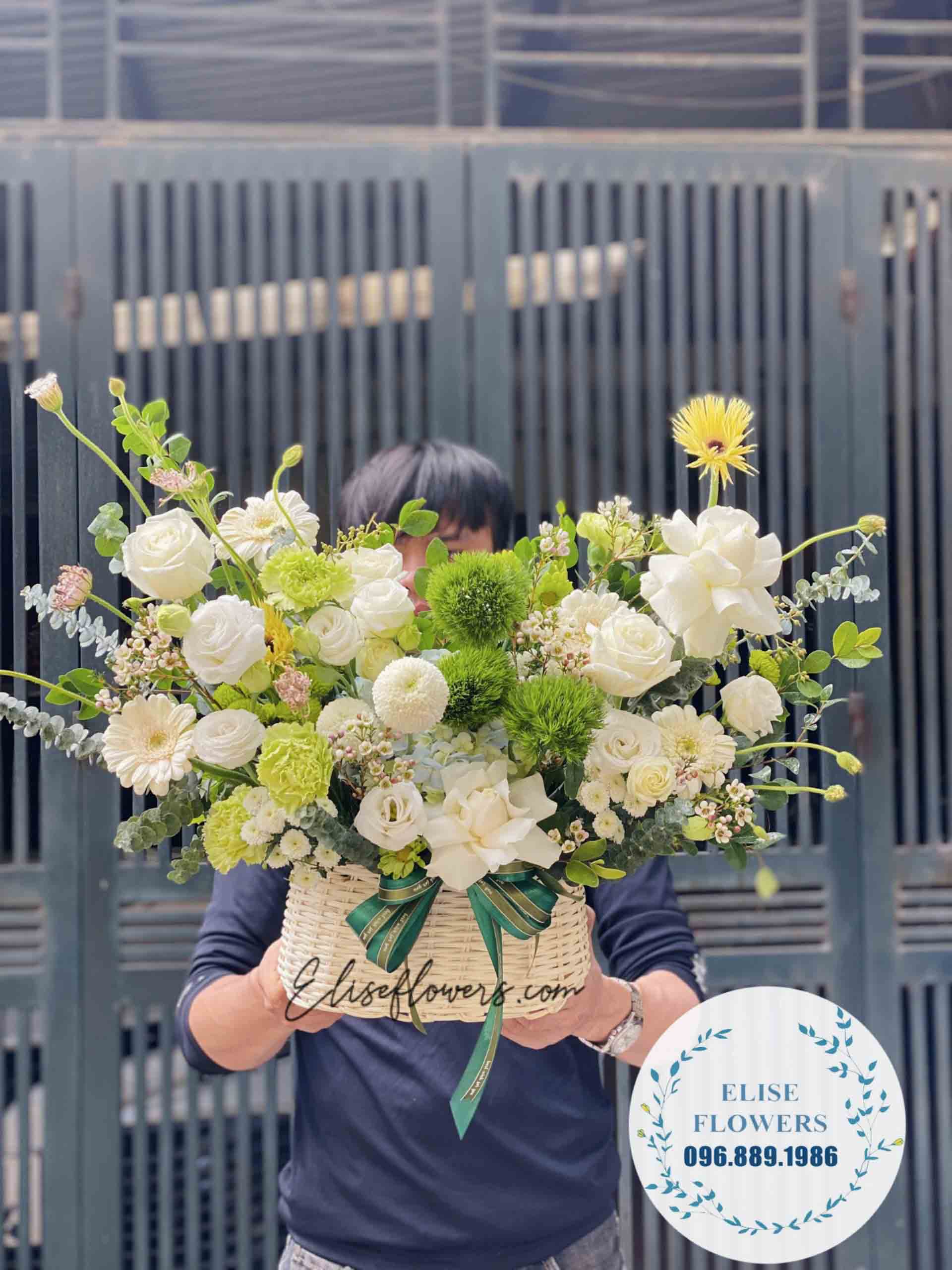 LẴNG HOA ĐẸP Ở HÀ NỘI | Lẵng hoa tone màu xanh lá tươi trẻ | Điện hoa chúc mừng sinh nhật đẹp ở quận Thanh Xuân - Hà Nội 
