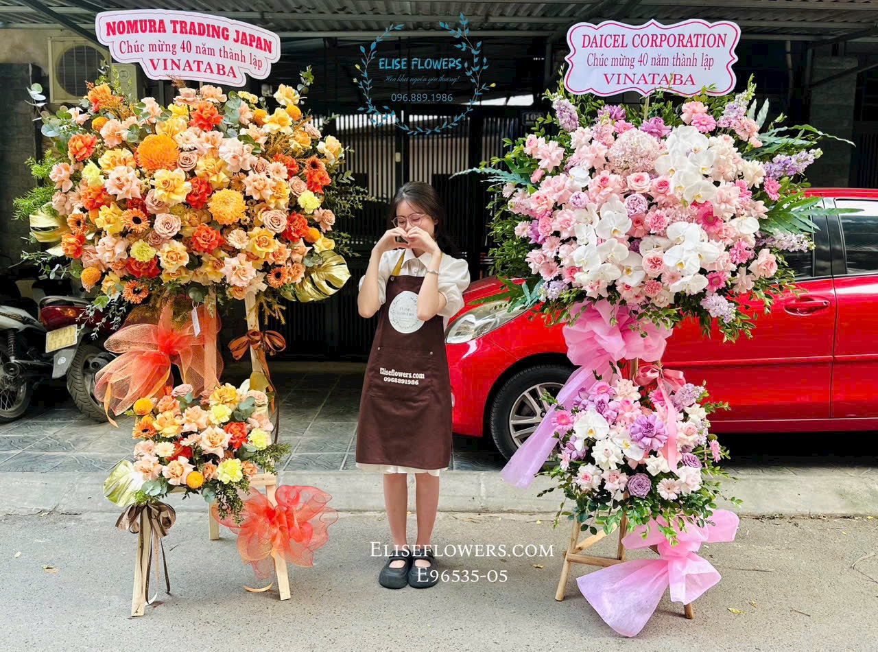 Mua kệ hoa tone hồng chúc mừng ky niệm thành lập công ty tại Hà Nội. Shop hoa tươi Eliseflowers.