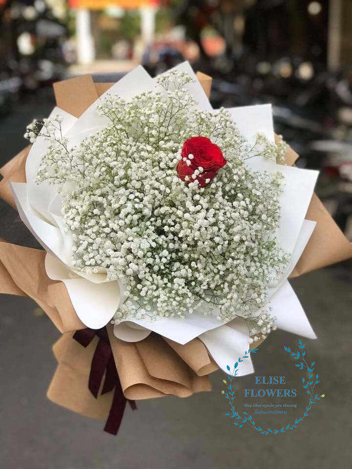 Bó hoa baby trắng mix một bông hồng Ohara | Bó hoa tinh yêu đẹp 