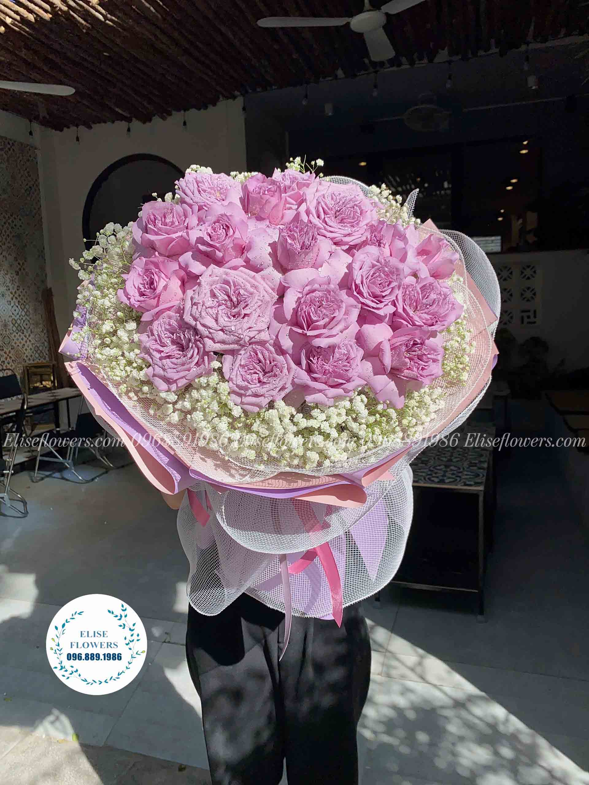 Bó hoa hồng tím mix baby trắng đẹp | Bó hoa nhập khẩu tặng bạn gái 
