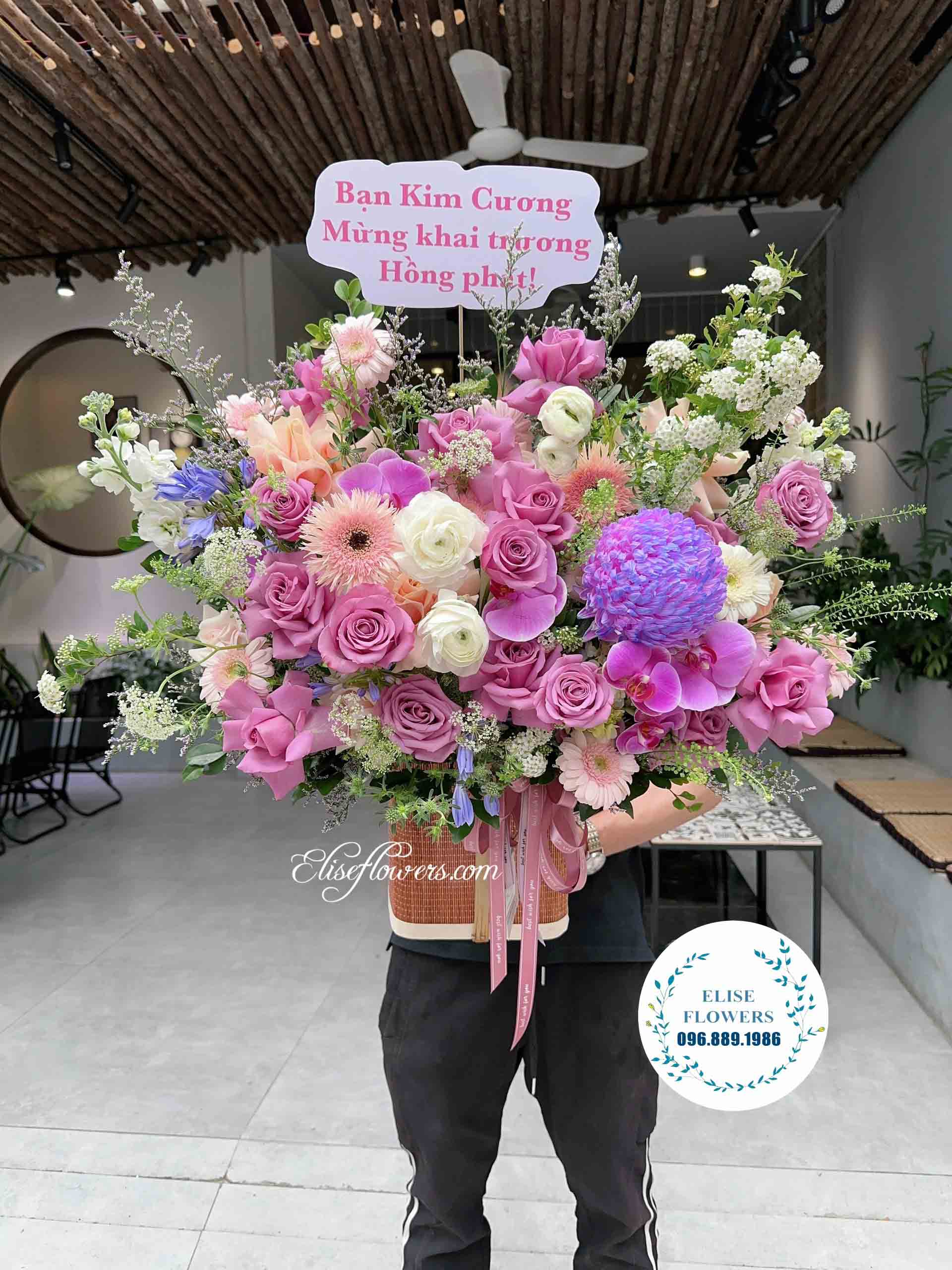 Lẵng hoa để bàn màu tím hồng tặng cô giáo | Lẵng hoa chúc mừng đẹp ở Hà Nội