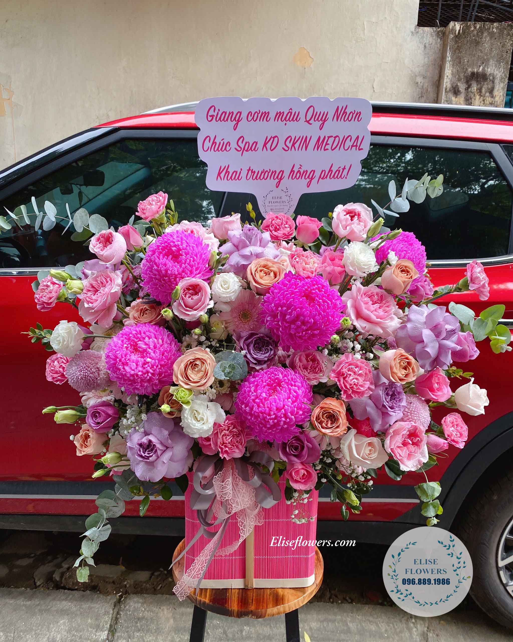 Lẵng hoa để bàn màu tím hồng quý phái chúc mừng khai trương | Hoa khai trương Hà Nội