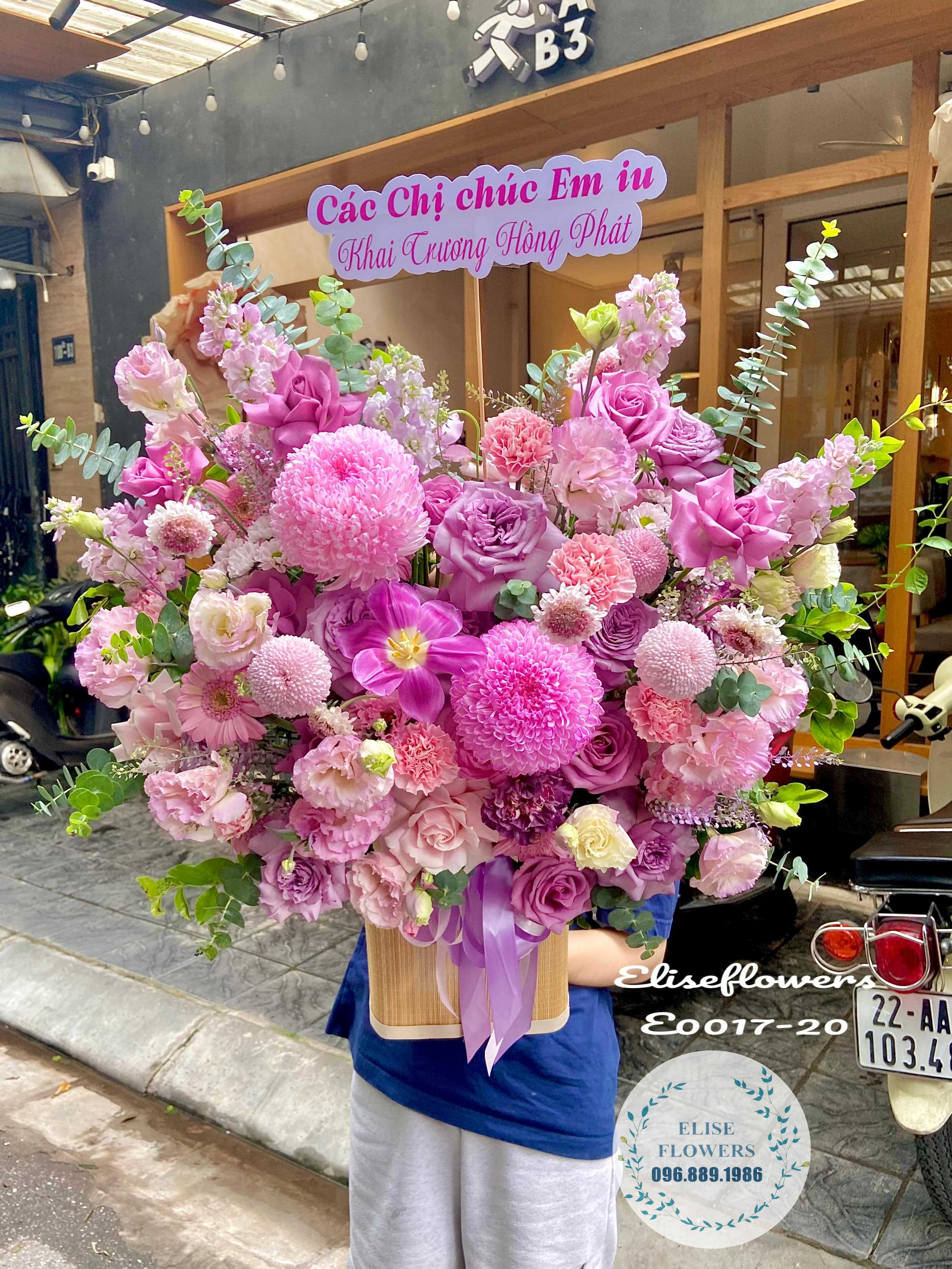 Lẵng Hoa Khai Trương Tone Tím Hồng Cao Cấp Tại Eliseflowers- Dịch Vụ Điện Hoa Uy Tín Tại Hà Nội