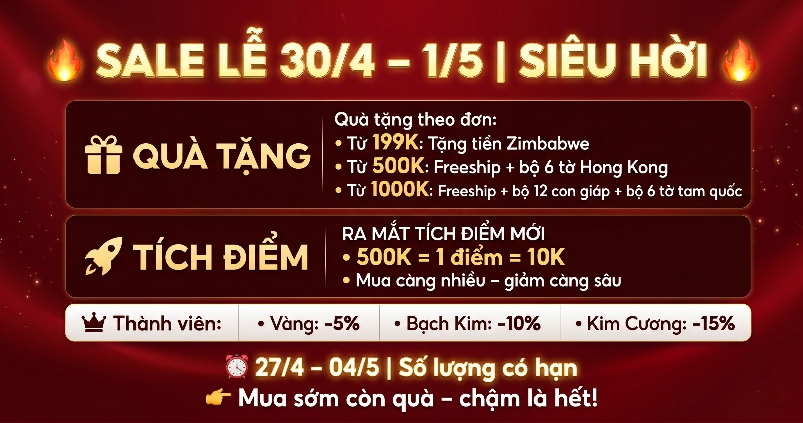 Ưu Đãi Lễ 30/4 - 1/5 | Nhận Quà Tặng Sưu Tầm Khi Mua Hàng Tại TMT Collection