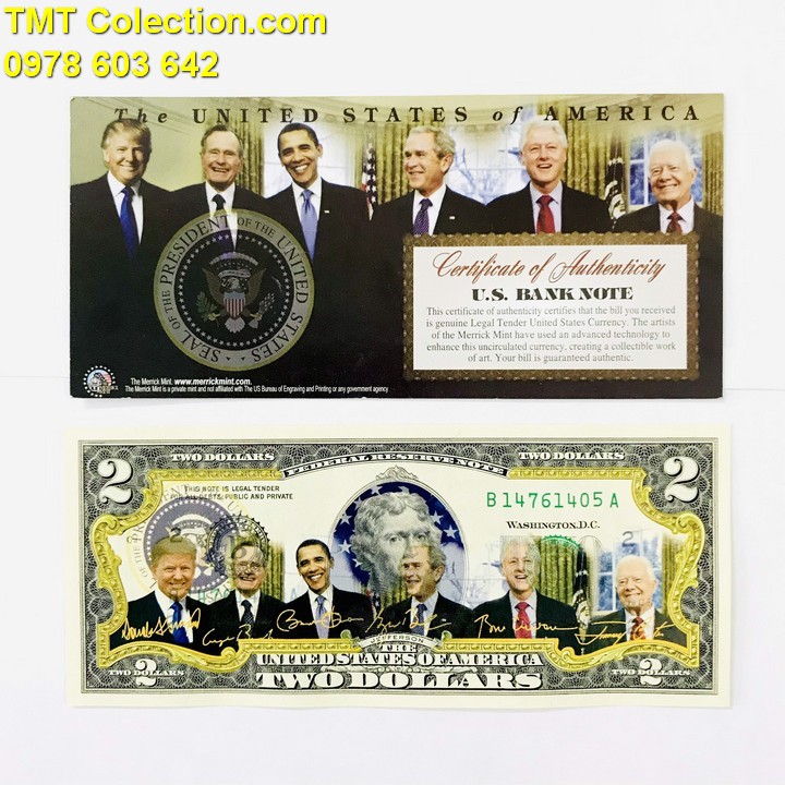 Tiền kỷ niệm 2USD in màu 6 tổng thống Mỹ - TMT Collection.com