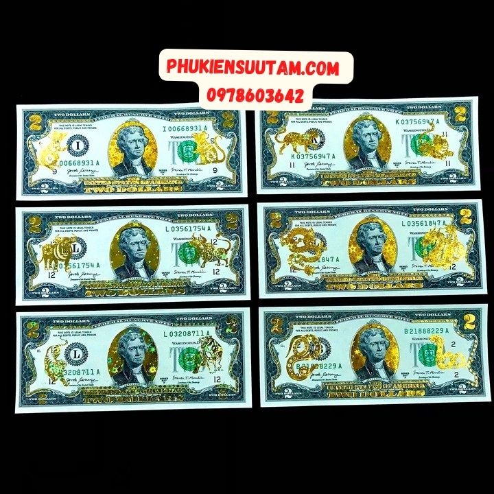 Bộ Tiền 2 USD in hình 12 Con Giáp 3D nhũ vàng - Phukiensuutam.com