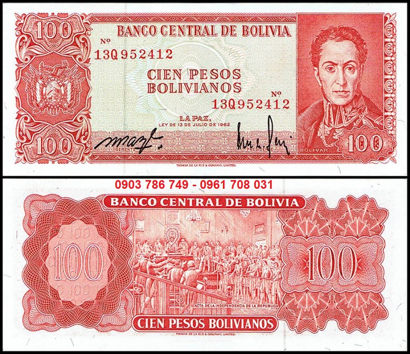 Tiền sưu tầm Bolivia 100 Bolivianos 1962 UNC