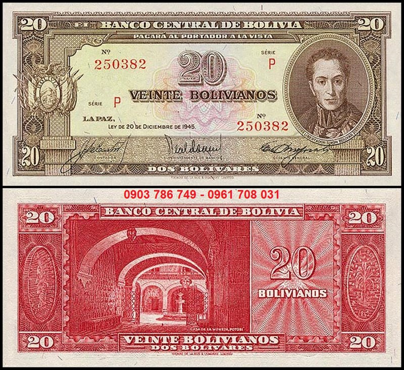 Tiền sưu tầm Bolivia 20 Bolivianos 1945 UNC