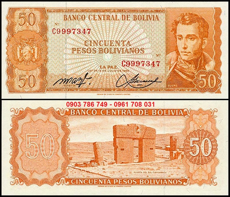 Tiền Sưu Tầm Bolivia 50 Pesos Bolivianos 1962 UNC