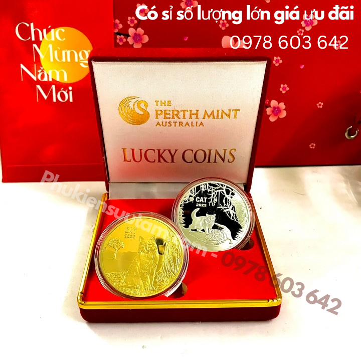 Cặp Xu Úc Hình Con Mèo Mạ Vàng Bạc tặng hộp nhung - Phukiensuutam.com
