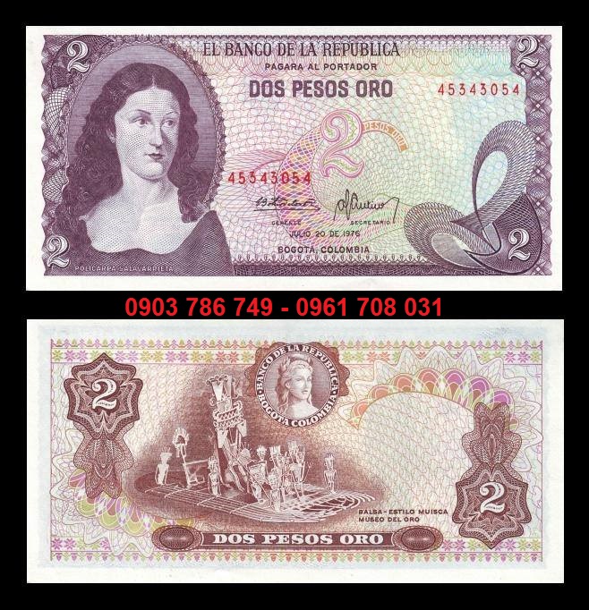 Tiền sưu tầm Colombia 2 Pesos Oro 1972-1977