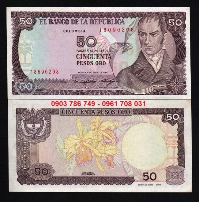 Tiền Sưu Tầm Colombia 50 Pesos Oro 1980–1986 UNC
