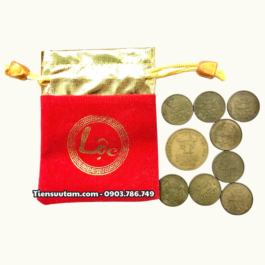 Combo Phong Thuỷ 1 Xu 5.000 & 8 Xu 1.000 Năm 2003 Tặng Túi Gấm Lộc