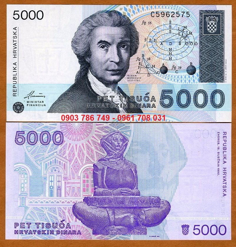 Tiền sưu tầm Croatia 5000 Dinara 1992 UNC