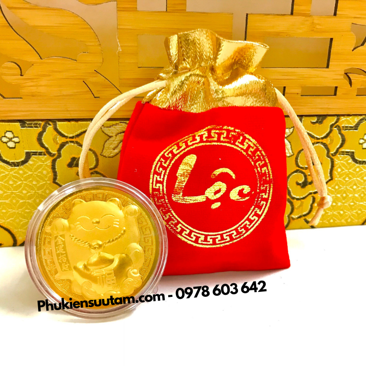 Đồng Xu Hình Con Mèo Thần Tài CUTE Tặng Túi Gấm Lộc - Phukiensuutam.com