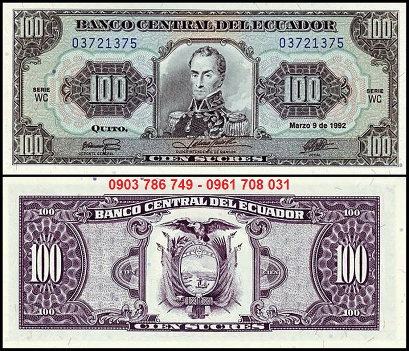 Tiền sưu tầm Ecuador 100 Sucres 1992 UNC