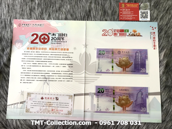 Macao 20 dollars 2019 UNC kỷ niệm Folder