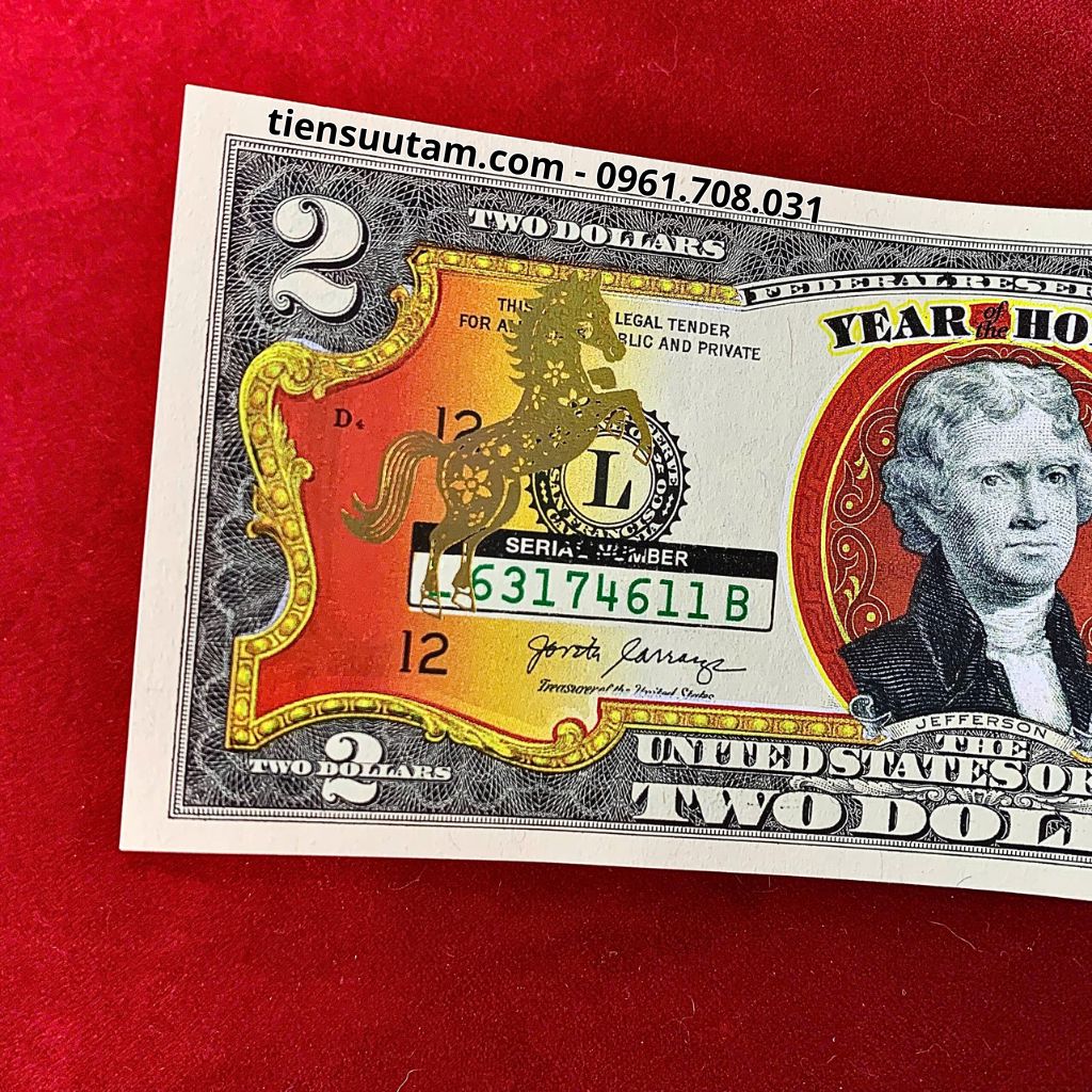 Tiền 2 USD Hình Con Ngựa Mạ Vàng 2026 In Màu